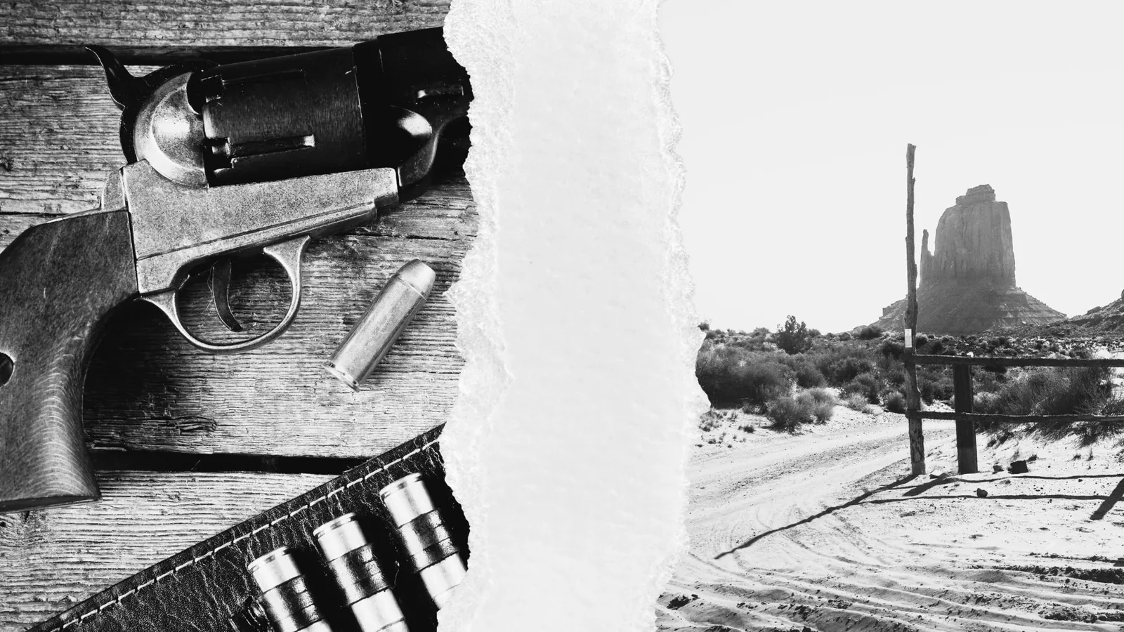 Revólver antiguo y cartuchos junto a un paisaje desértico del suroeste, en blanco y negro