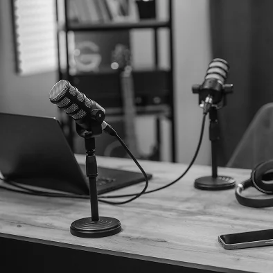 Micrófonos de podcast sobre una mesa